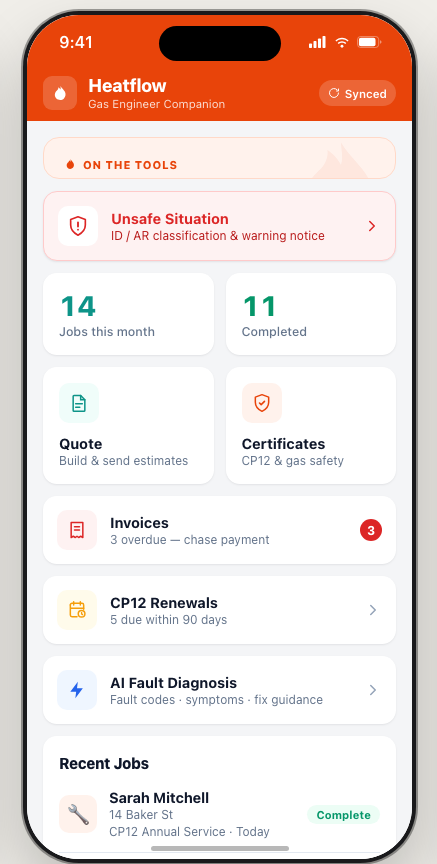 Heatflow app dashboard showing today's jobs and quick actions