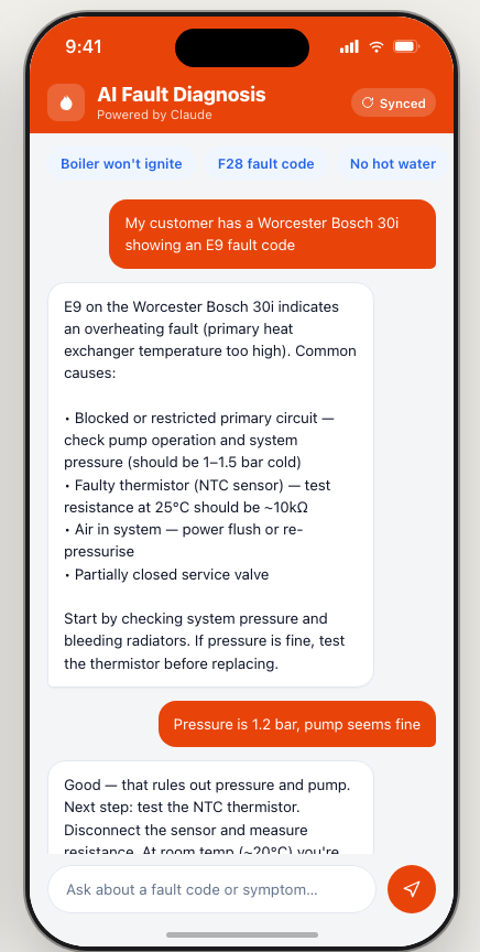 AI Fault Diagnosis screen showing symptom input and diagnostic steps