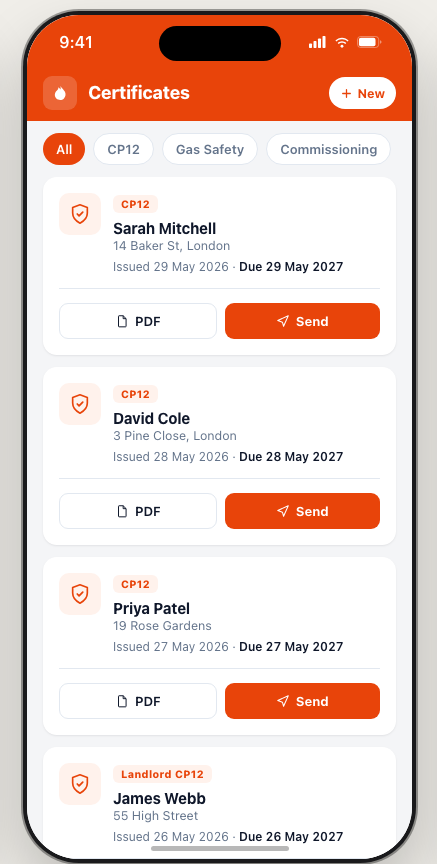 Heatflow certificates list showing CP12, CP6 and other Gas Safe forms